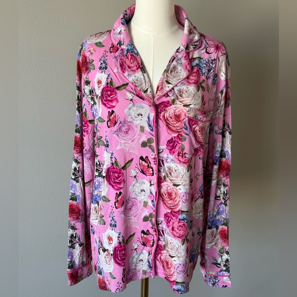 Bums & Roses Floral-Rose Butterfly Pijama Shirt Sleepwear Pink - L